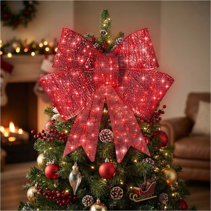 Large Red Bow Pre-Lit LED Light with Red Ribbon Christmas Door Tree Decor