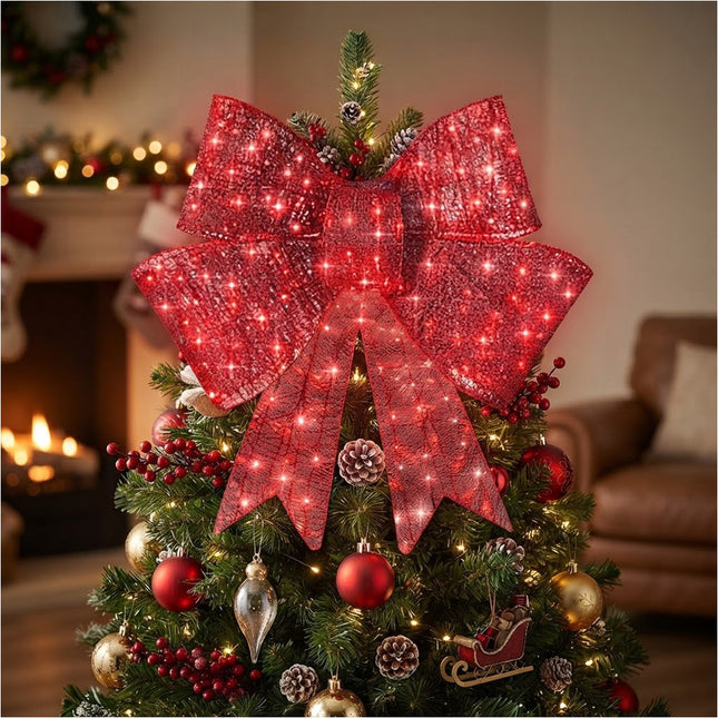Large Red Bow Pre-Lit LED Light with Red Ribbon Christmas Door Tree Decor