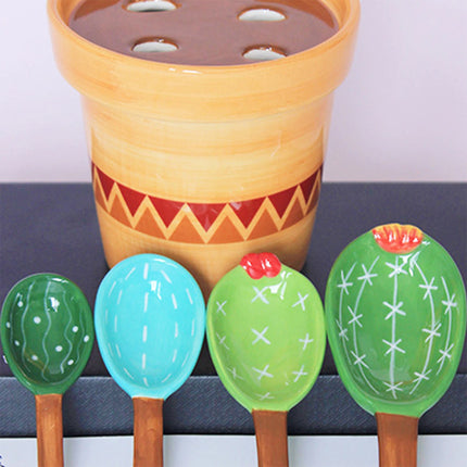 Ceramic Cactus Measuring Spoons Baking Measuring Spoons with Holder Kitchen    (4 Colors)