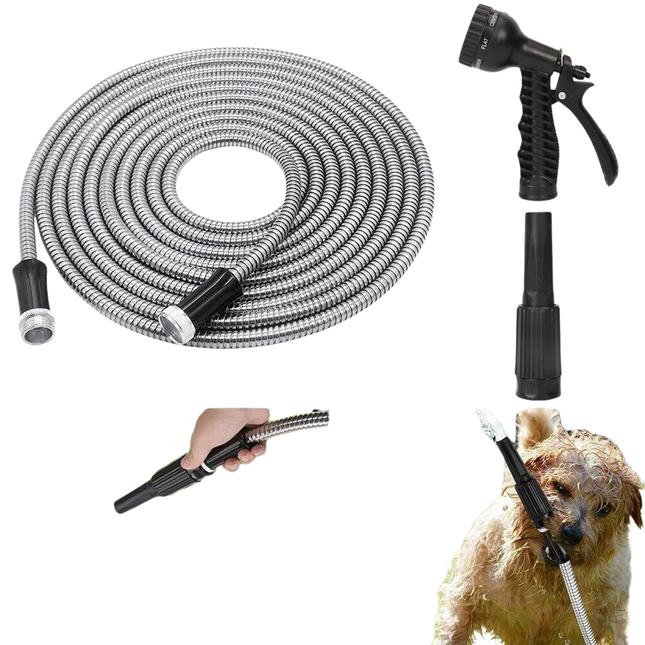 100FT Stainless Steel Water Hose Metal Home Garden Pipe with 2 Nozzle Connector