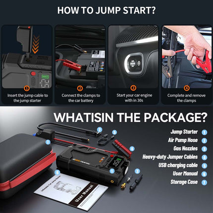 8000A Car Jump Starter Power Bank With Air Compressor Battery Booster