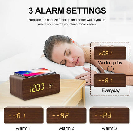Bedside Digital Alarm Clock Indoor Temp Free Standing Wood USB & Batteries Recta