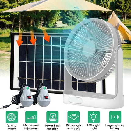 Solar Powered Cooling Fan Cooler Rechargeable Camping Fan with 2 Lights Bulbs