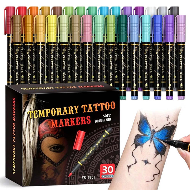 30 Colors Temporary Tattoo Markers for Skin Tattoo Pens Brush Tip Bright