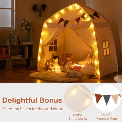 Indoor  Outdoor Dome Teepee Style Play Tent, Portable Playhouse with Bright LED Lights and Decor Flags