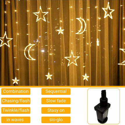 138 LED Moon Star Warm White Curtain Lights With 8 Functions & Memory