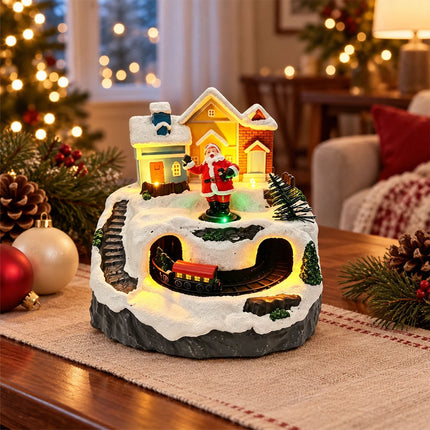 Resin Christmas Village House with Musical Light Up Train & LED Lights