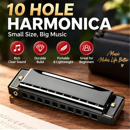 10-Hole Blues Harmonica in Key of C - Beginner Diatonic Mouth Organ for Adults
