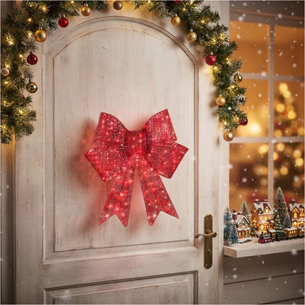 Large Red Bow Pre-Lit LED Light with Red Ribbon Christmas Door Tree Decor