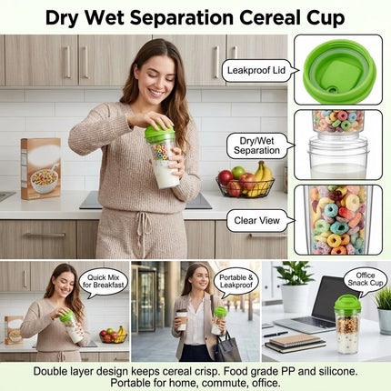 1Pcs Crunch Cup On-the-Go Cereal Tumbler Portable Plastic Cereal Cup Leak-Proof Green