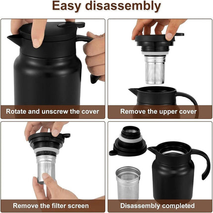 1L Stainless Steel Insulated Coffee Carafe Tea Pot with Removable Tea Strainer