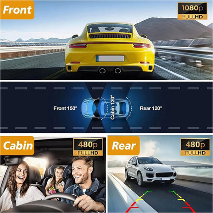 1080P 3 Channel Front Rear And Inside Dash Cam Night Vision G-Sensor APP Control
