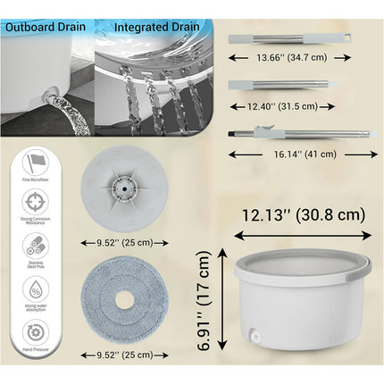 2 Spin Mop Heads & 360°Spinning Stainless Steel Spinning Mop Bucket Easy Clean