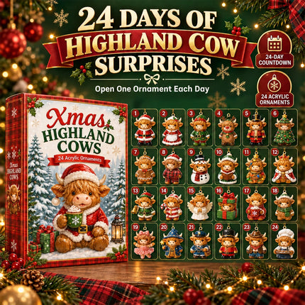 2026 Highland Cow Christmas Advent Calendar with 24 Acrylic Hanging Ornaments