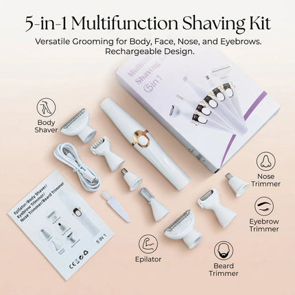 Electric Epilator and Eyebrow Trimmer 5-in-1 Grooming Kit USB Rechargeable 5V