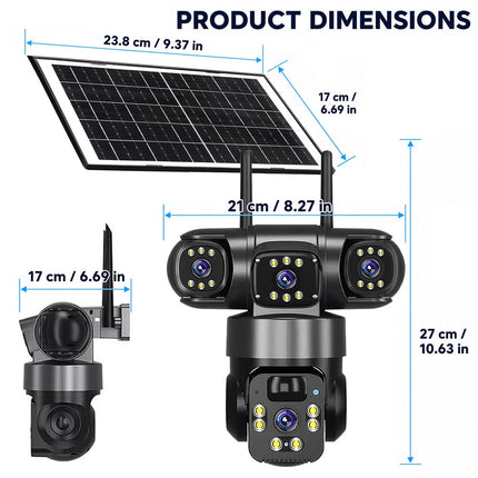 9MP 3-Lens Solar Security Camera Wireless CCTV PTZ Outdoor Surveillance