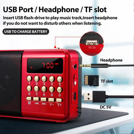 Rechargeable Mini FM Radio MP3 Player USB TF SD Card Portable Speaker Red