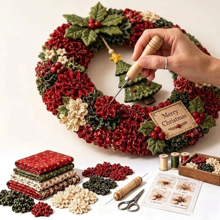 3D Fabric Christmas Wreath 30CM DIY Xmas Garland Baubles Ornaments Party Decor Tree