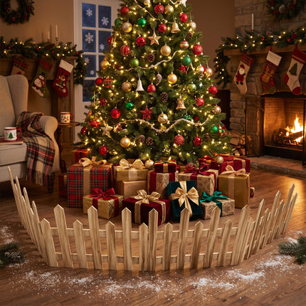 160cm Natural Wood Painted Christmas Tree Fence – 4-Section Wooden DIY Holiday Border
