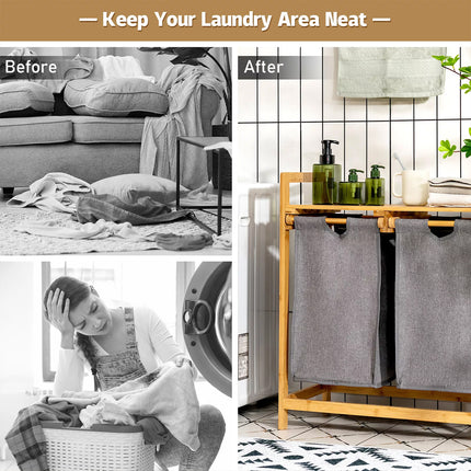 Laundry Baskets Hamper Bamboo Shelf w/ 2 Sliding Washing Clothes Bags