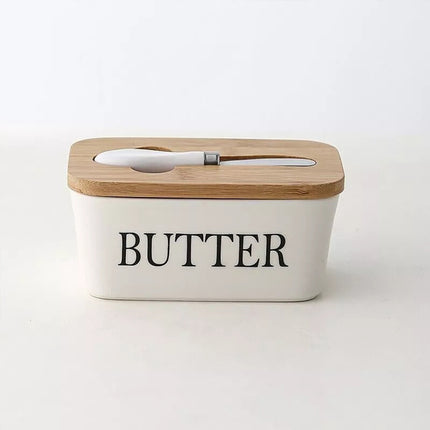 Ceramic Butter Dish Box Storage Tray Container w/ Bamboo Lid & Butter Cutter