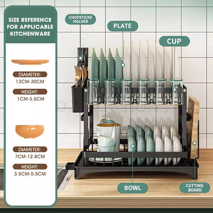 2 Tier Dish Drainer Drying Rack with Cup Holder Cutlery Tray Kitchen Organiser