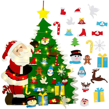 3.2FT Felt Christmas Tree Decorations Set Wall Hanging Ornaments w/ String Light  (Santa Claus w/ Lamp)
