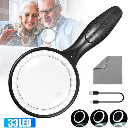 Handheld 5X/10X Magnifier Reading Magnifying Glass Jewelry Loupe With Light USB