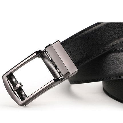 Mens Leather Belt Detachable Waistband Cuttable Strap Automatic Steel Buckle Black