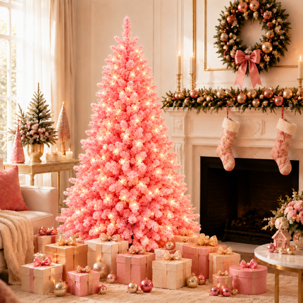180cm 6FT Pink Snow Flocked Christmas Tree Pre-Lit With LED Light 240 LED Warm White Xmas Decor