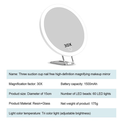 30X Magnifying Makeup Mirror W/ LED Light 360° Adjustable Foldable USB Charging