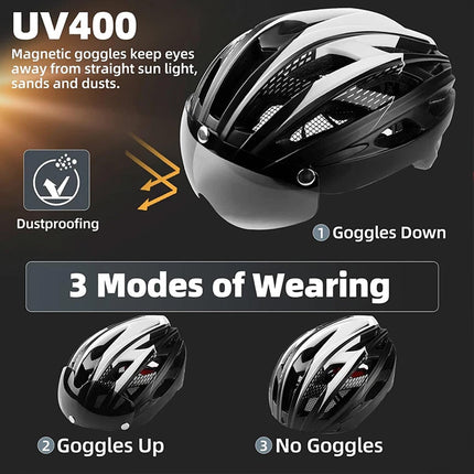 Bike Helmet for Men Women w/ Detachable Goggles Led Back Light Black and white