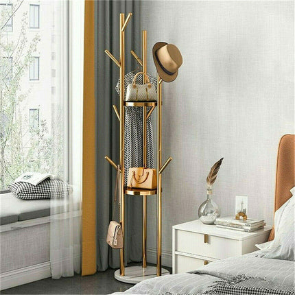 Golden Pole Tree Metal Coat Rack Stand Hooks Hanger Stable Marble Base Standing