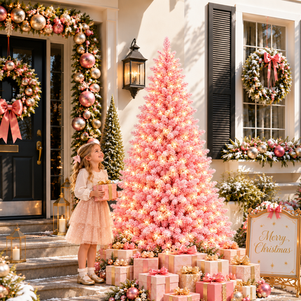 150cm Pink Snow Flocked Christmas Tree Pre-Lit  With LED Light 160 LED Warm White Xmas Decor