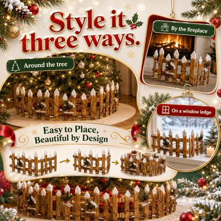 Christmas Wooden Fence Snow-Tipped Rustic Farmhouse Xmas Tree Base Village Decor