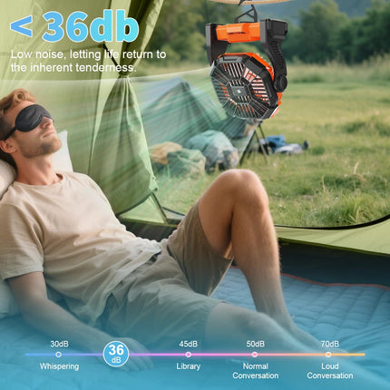 Portable LED Fan Camping Lights Rechargeable For Outdoor USB Tent Lamp With Hook Orange