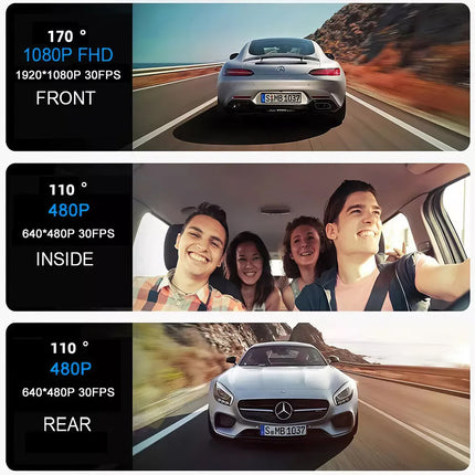 HD 1080P Dash Camera Front and Rear Inside Car DVR Dash Cam Video Recorder 3 Len