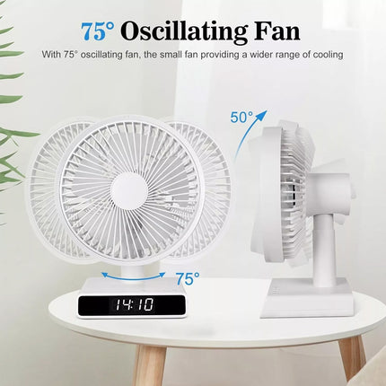 9 Inch USB Rechargeable Desk Table Fan Auto Moving heads w/ Clock Time Display