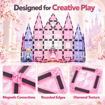 66 Pcs Diamond Magnetic Tiles Pink Princess Castle Building Set Christmas Gift