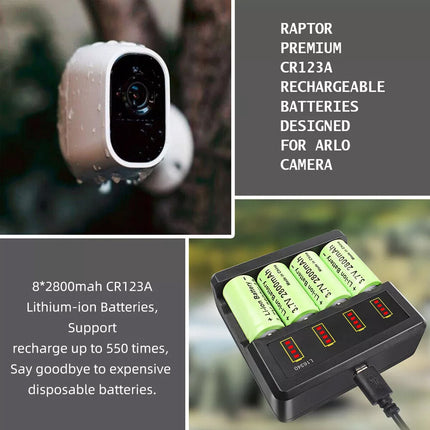 8x CR123 CR123A Rechargeable Battery + 4-Slot Charger 2800mAh For Arlo Camera