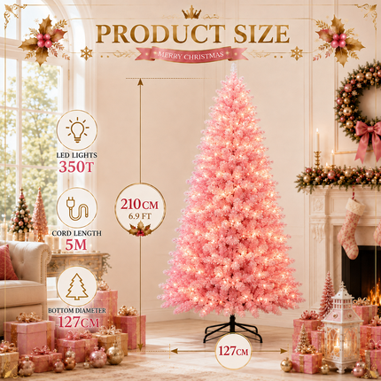 210cm 7FT Pink Snow Flocked Christmas Tree Pre-Lit 350LED Warm White Xmas Decor