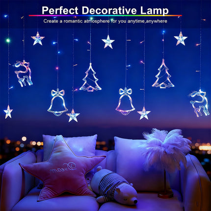 12 LED Hanging Deer Bells Curtain Lights Christmas Garland String Fairy Window
