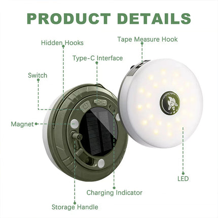 Solar 10m LED Camping String Lights Portable Stowable Retractable Fairy Lights
