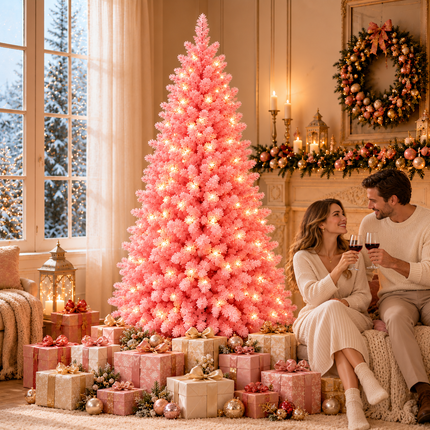 210cm 7FT Pink Snow Flocked Christmas Tree Pre-Lit With LED Light 350LED Warm White Xmas Decor