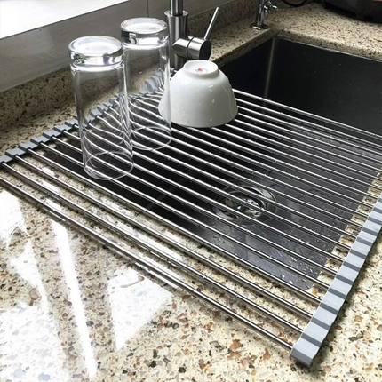 Roll Up Dish Rack Drainer Over Sink Stainless Steel Plate Holder Stand With Tray