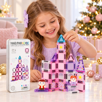 32 Pcs Mini Magnetic Tiles Princess Castle Storage Tin Set Christmas Gift Toy