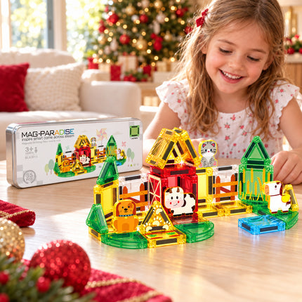 35 Pcs Magnetic Building Tiles Farm Animal Set Storage Tin Christmas Gift Toy
