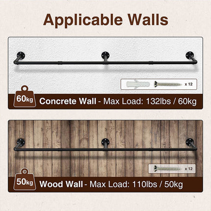 Clothes Rack Industrial Pipe Wall Mounted Garment Rack Hanging RodCloset Storage