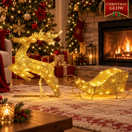 Light Up Christmas Reindeer Sleigh Solar Plug In LED Indoor Outdoor Decoration