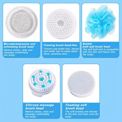 5 in 1 Electric Rechargeable Body Brush Long Handle Bath Shower Back Scrubber